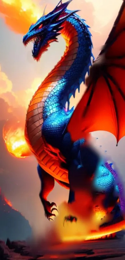 Epic blue dragon soaring with fiery wings over a vibrant sky.