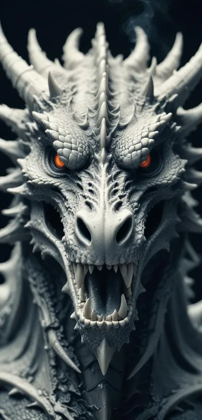 Intricate gray dragon with fiery eyes on a dark background.