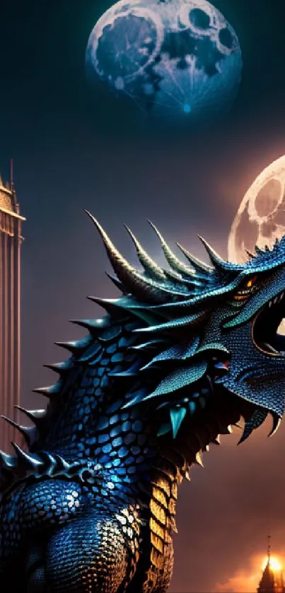 Epic dragon roaring under two moons in gothic cityscape.