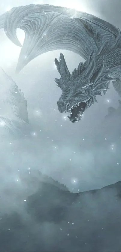 Epic mountain scene with dragon soaring.