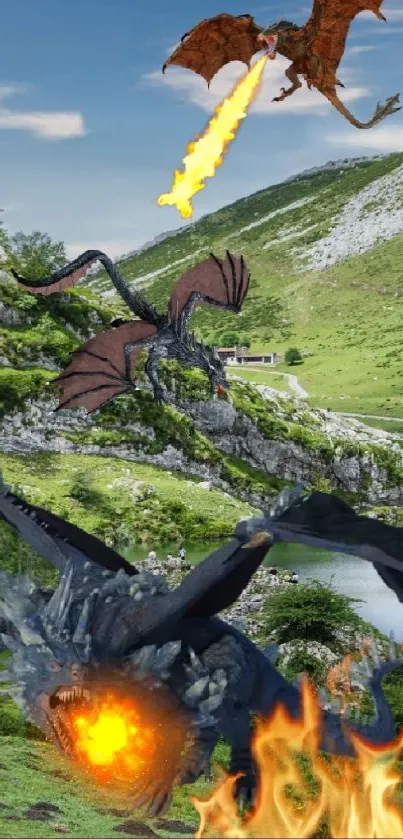 Dragons flying over a green mountain landscape with fire breathing effect.