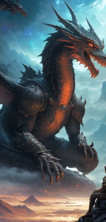 Epic dragon overlooking mountains in a fantasy scene.