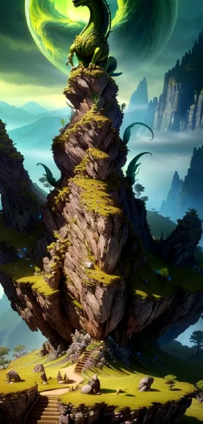 Dragon on mountain with green sky background, fantasy art.