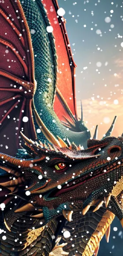 Epic dragon on mountain peak at sunset with red sky and snow.