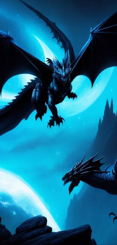 Epic dragon night scene with a moonlit sky.