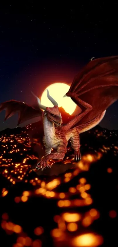 Majestic dragon under a full moon in a starry night sky.