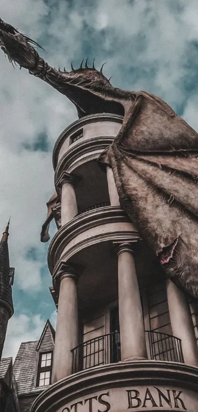 Dragon perched on a castle tower under a moody sky.