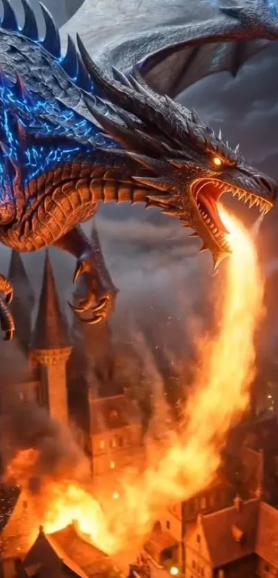 Dragon breathing fire over medieval city at night.