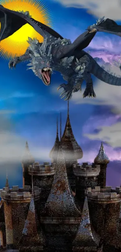 Majestic dragon flying over a medieval castle with a vibrant blue sky backdrop.