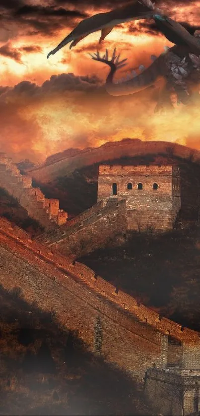 Dragon flying over Great Wall with fiery sky.