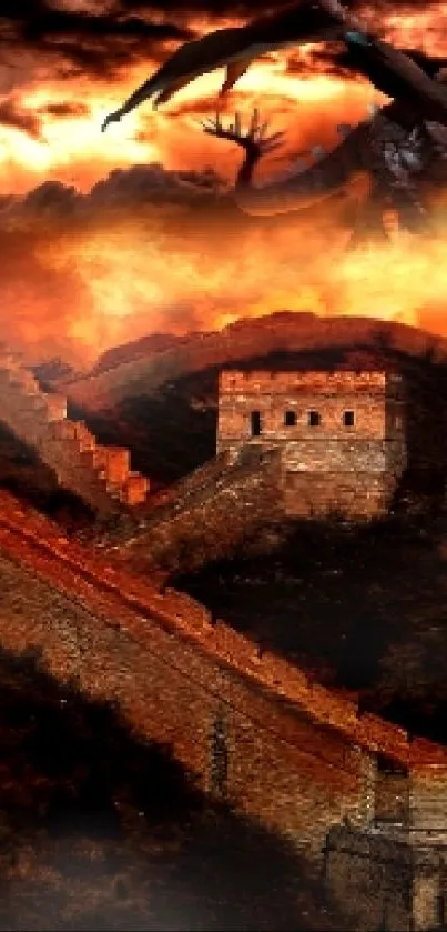 Fiery dragon flies over an epic Great Wall landscape.