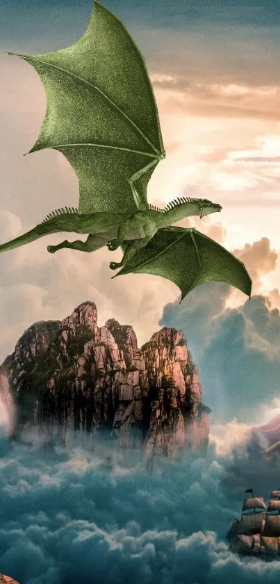 Green dragon flying over misty mountains and ship at sea.