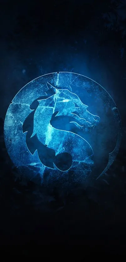 Blue dragon emblem on dark wallpaper background.