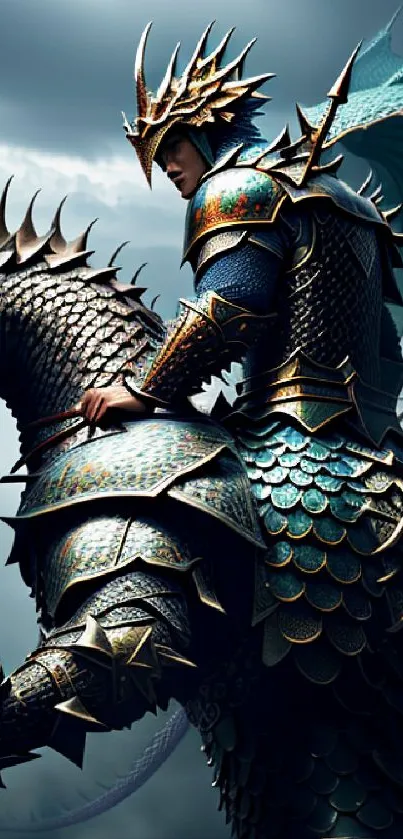 Knight in detailed armor rides a dragon under a stormy teal sky.