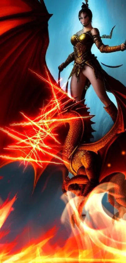 Epic warrior riding a fiery dragon in fantasy artwork.