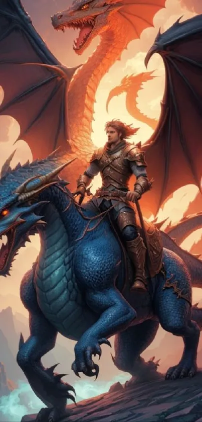 Knight riding a blue dragon with a fiery background in epic fantasy art.