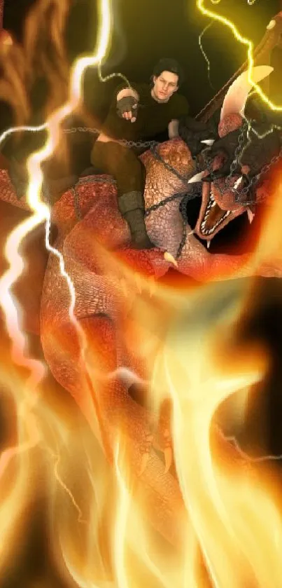 Man riding a dragon through flames and lightning in a fantasy wallpaper.