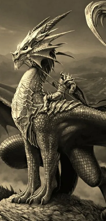 Mobile wallpaper of a fantasy dragon and warrior in sepia tones.