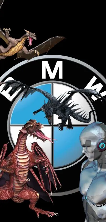 Fantasy dragons and robot on dark background, with emblem circle.