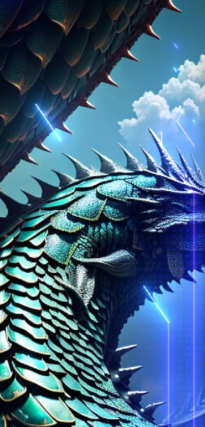 Detailed dragon scale wallpaper with dramatic clouds.