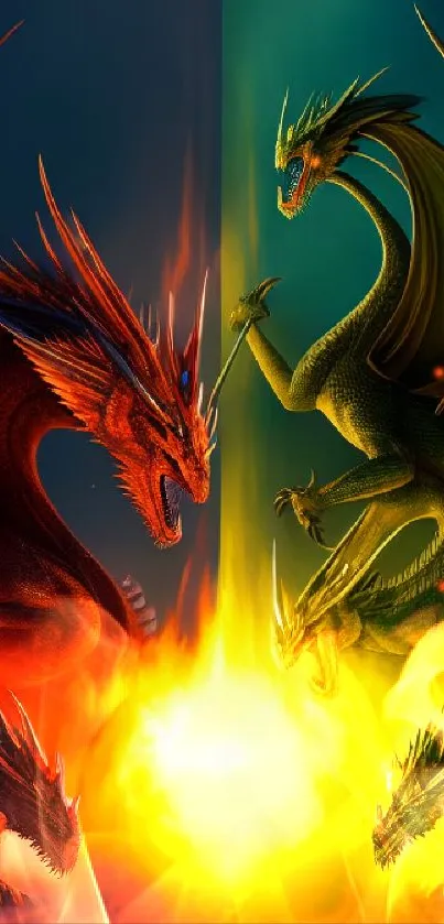 Epic dragon showdown wallpaper with fiery battle between mythical creatures.