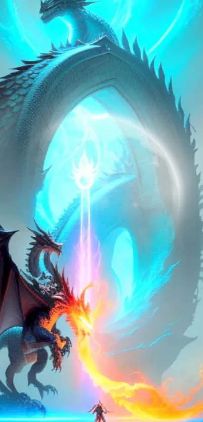 Epic dragons confront with fire and ice in a mystical fantasy wallpaper.