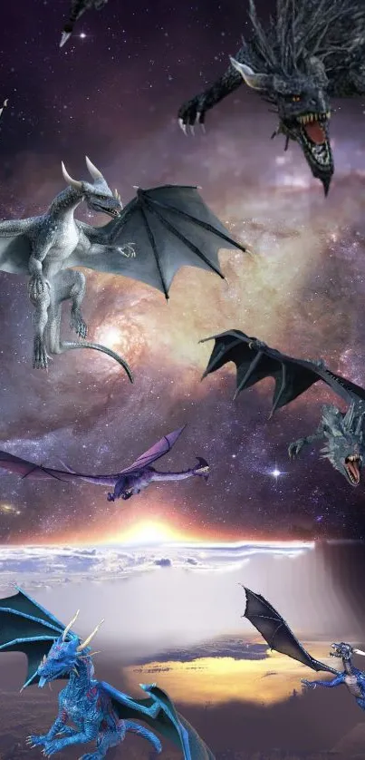 Epic dragon battle scene in a cosmic sky.