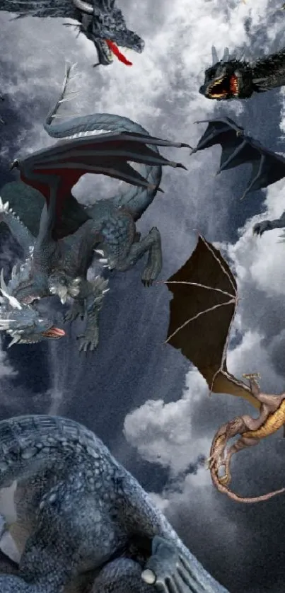 Epic battle of dragons in cloudy sky wallpaper.