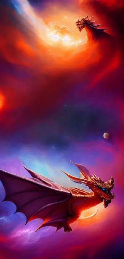 Epic dragon soaring through a vibrant cosmic sky, perfect for mobile wallpaper.