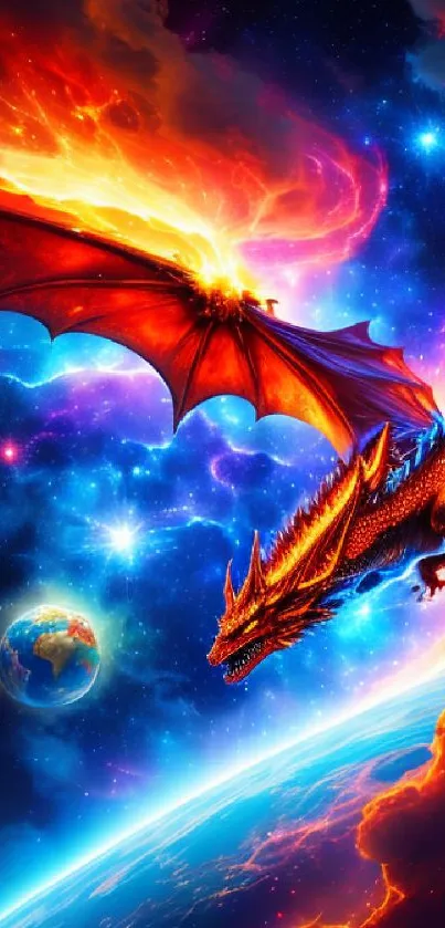 Dragon flying through fiery clouds in space, with Earth below.