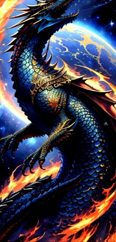 Majestic dragon in space with fiery flames, perfect for fans of fantasy art.