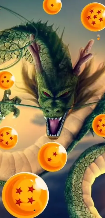 Vibrant dragon with glowing orange spheres wallpaper.