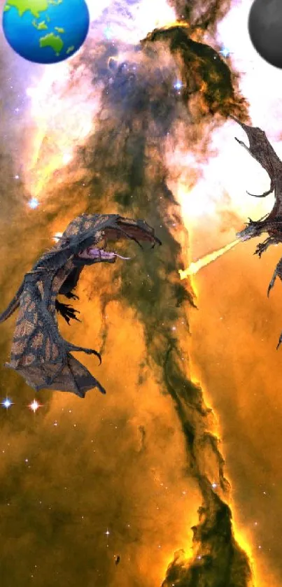 Two dragons clash in a fiery cosmic background.