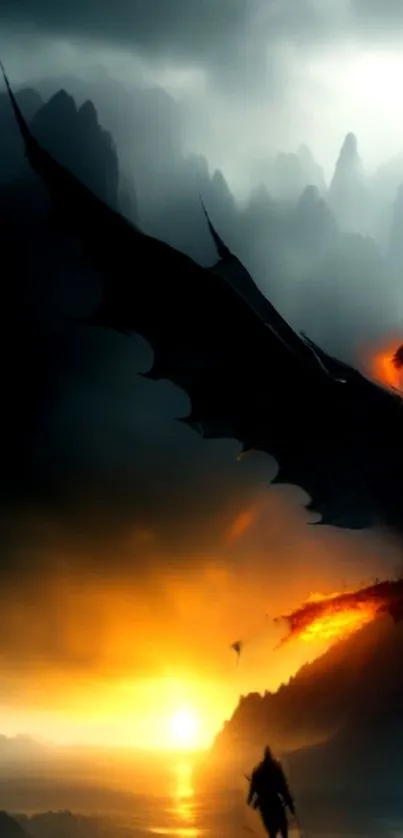 Epic dragon over fiery sunset with dark mountain silhouette in background.