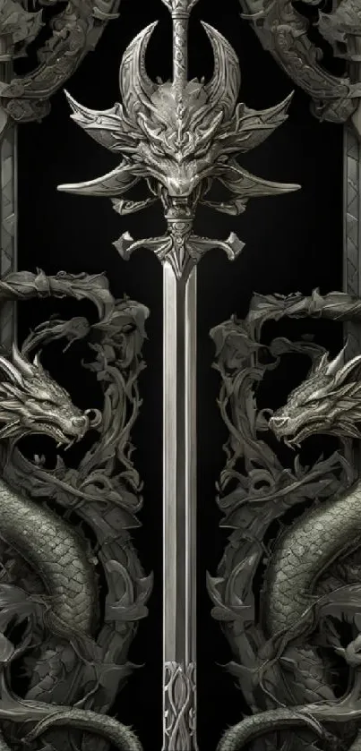 Intricate dark gray wallpaper with epic dragons and sword design.