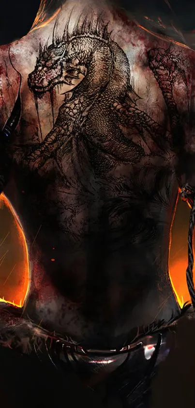 Epic wallpaper featuring dragon tattoo on a warrior's back with a dark background.