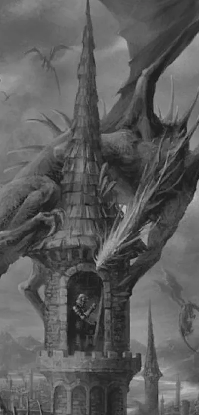 Dragon perched on a medieval tower in black and white fantasy art.