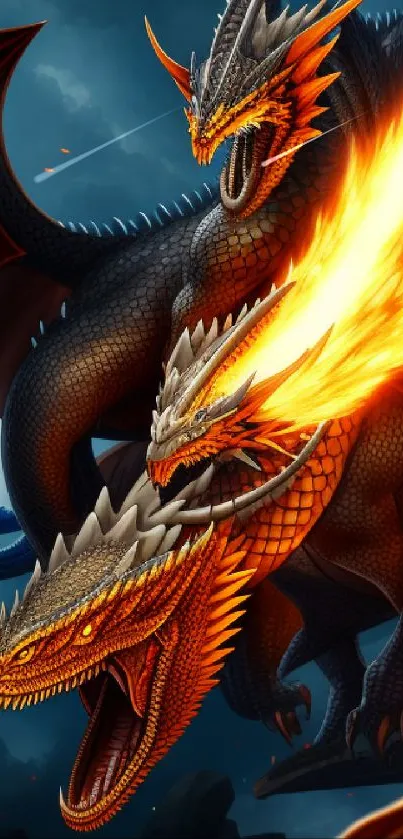 Epic dragon trio with fiery breath and mythical design.