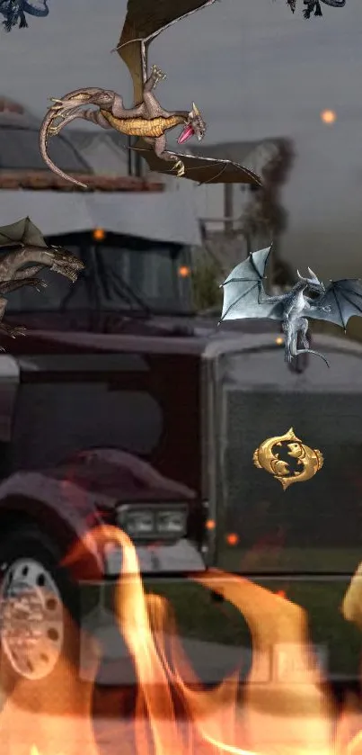 Fierce dragons flying above burning truck.