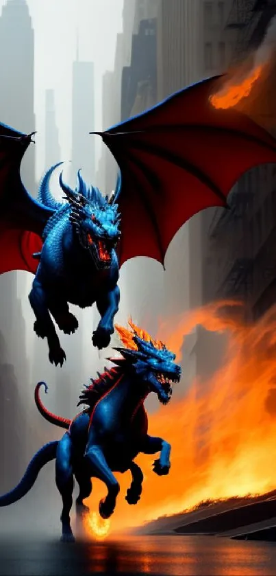 Two blue dragons flying in a fiery urban landscape wallpaper.