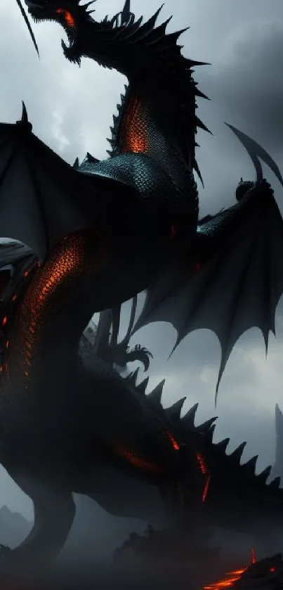 Majestic dark dragon with fiery accents on a cloudy sky background.