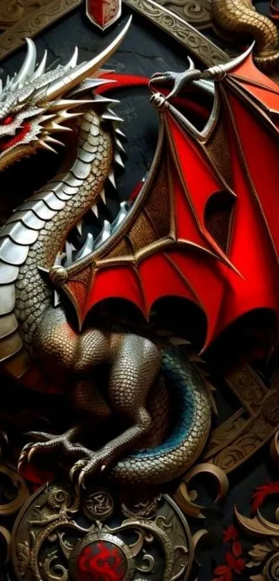 Intricate dragon artwork with vibrant red wings and detailed design.