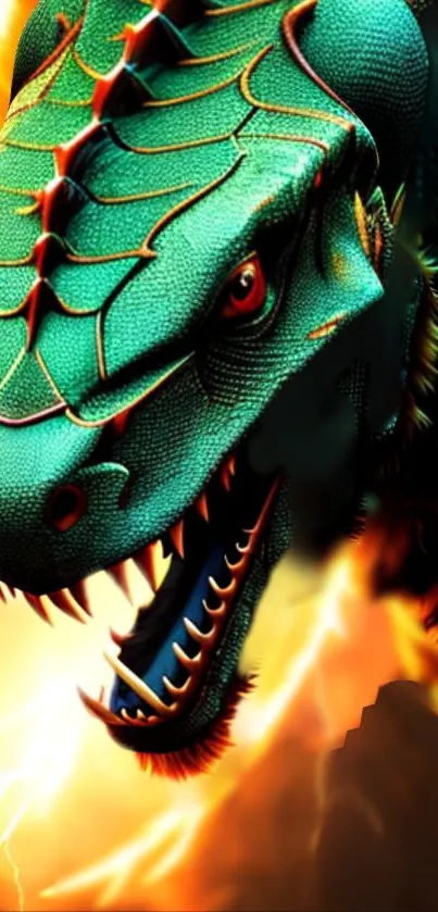 Vibrant green dragon with fiery background and lightning effects.