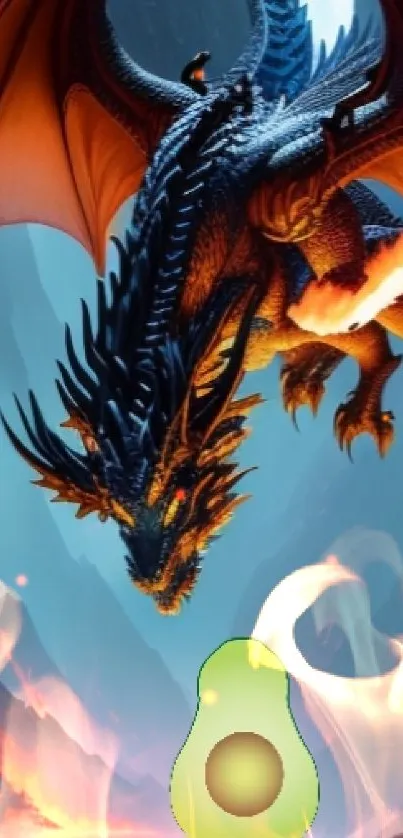 Fantasy dragon with fiery wings soaring over mystical scenery.