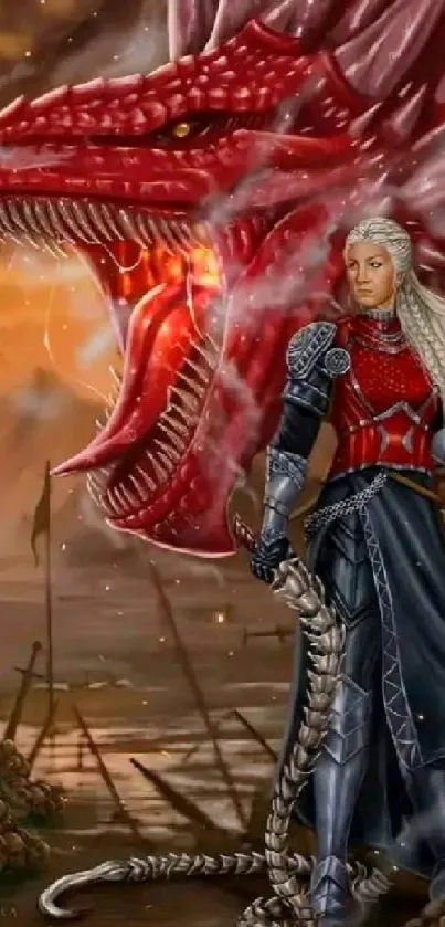 Fierce warrior with a red dragon in a fantasy landscape.