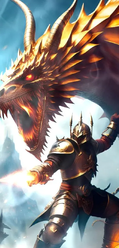 Epic knight battling golden dragon with fiery landscape.