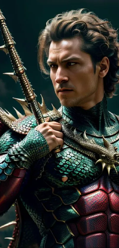 Dragon warrior in detailed armor with epic fantasy design.