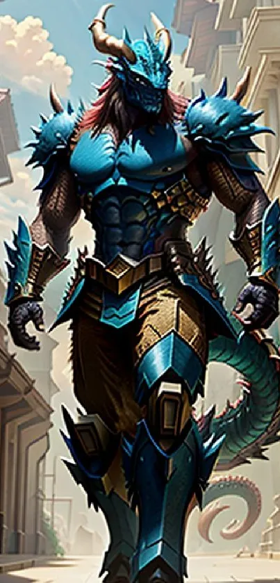 Epic dragon warrior in urban setting, teal armor and city backdrop.