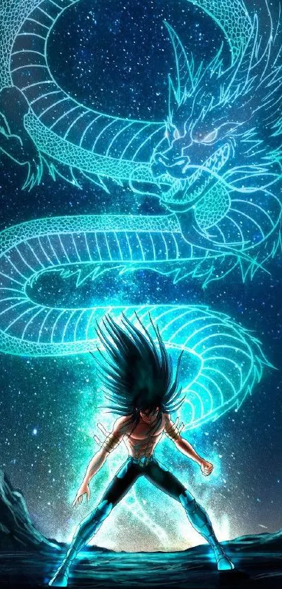 Epic dragon and warrior under a starry night sky mobile wallpaper.