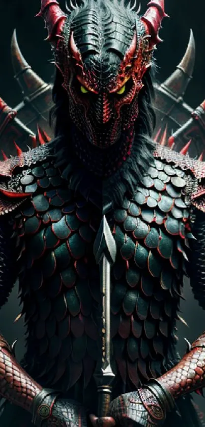 Epic dragon warrior in dark armor with fiery accents and intricate details.